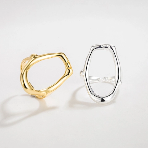 Anillo Abierto Geométrico Irregular Ovalado Hueco de Plata de Ley S925 para Mujer Joyería de Dedo Ajustable Bañada en Oro 18K