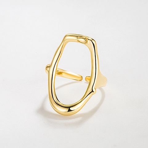 Anillo Abierto Geométrico Irregular Ovalado Hueco de Plata de Ley S925 para Mujer Joyería de Dedo Ajustable Bañada en Oro 18K