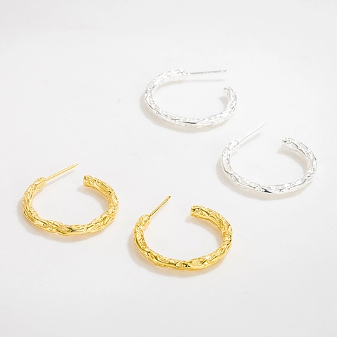 Pendientes de Aro Irregulares en Forma de C de Plata de Ley 925 para Mujer Textura de Lava Geométricos Joyería de Moda