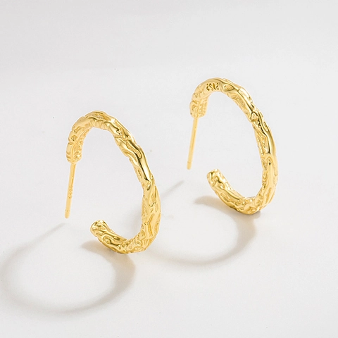 Pendientes de Aro Irregulares en Forma de C de Plata de Ley 925 para Mujer Textura de Lava Geométricos Joyería de Moda