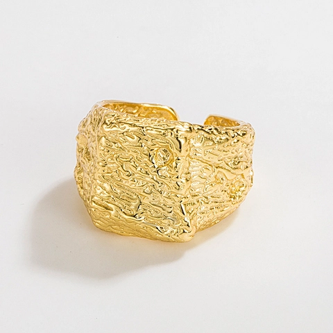 Anillo Abierto Ajustable de Plata de Ley 925 con Textura de Lava Punk para Mujer Anillo Geométrico Minimalista Chapado en Oro
