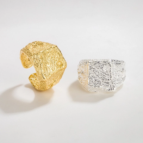 Anillo Abierto Ajustable de Plata de Ley 925 con Textura de Lava Punk para Mujer Anillo Geométrico Minimalista Chapado en Oro