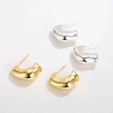 Pendientes de Botón de Plata de Ley 925 Vintage Forma de Frijol Geométrica Minimalista en C para Mujer Joyería de Moda