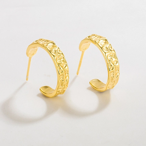 Pendientes de Botón en Forma de C de Plata de Ley 925 Vintage para Mujer Pendientes de Aro de Metal Martillado Irregular