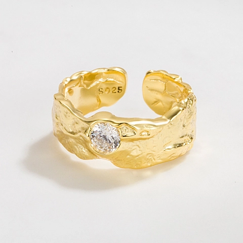 Anillo Abierto de Plata de Ley S925 Textura Arrugada Irregular para Mujer Diamante de Imitación Ajustable Joyería Regalo
