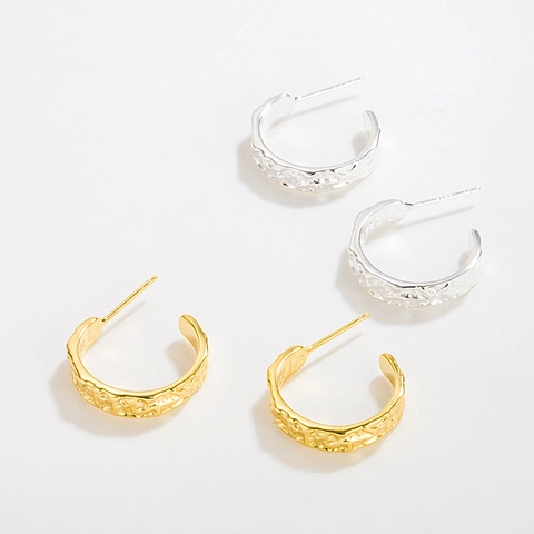 Pendientes de Botón en Forma de C de Plata de Ley 925 Vintage para Mujer Pendientes de Aro de Metal Martillado Irregular