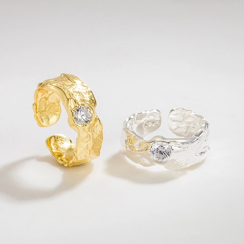 Anillo Abierto de Plata de Ley S925 Textura Arrugada Irregular para Mujer Diamante de Imitación Ajustable Joyería Regalo