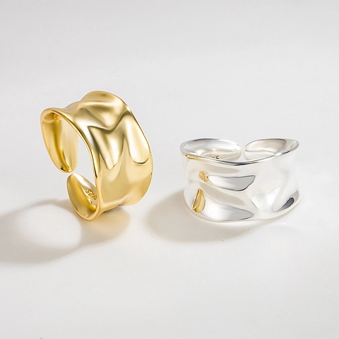 925 Sterlingsilber Unregelmäßiger Strukturierter Breiter Ring Damen Minimalistischer Flüssigmetall-Stil Verstellbarer Mode Ring