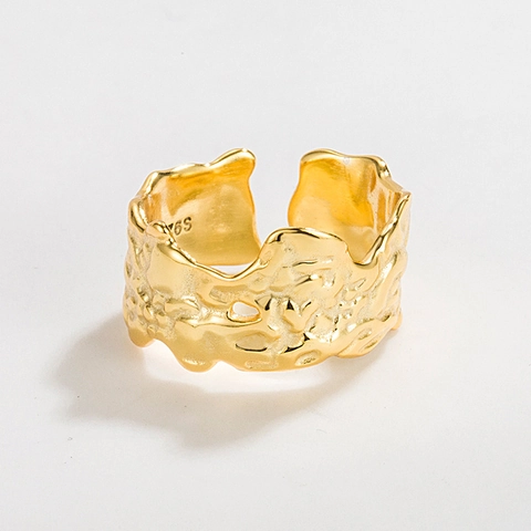 925 Sterlingsilber Unregelmäßige Lavatextur Offener Ring Verstellbare Alufolie Falten Breit Fingerring Schmuck Für Damen