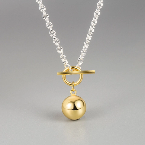 Collar con Colgante de Bola y Cierre de Palanca de Plata de Ley S925 para Mujer Minimalismo Estilo Frío Joyería Bañada en Oro 18K