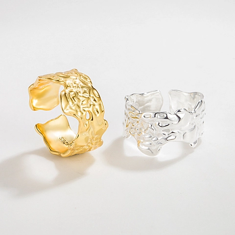 925 Sterlingsilber Unregelmäßige Lavatextur Offener Ring Verstellbare Alufolie Falten Breit Fingerring Schmuck Für Damen