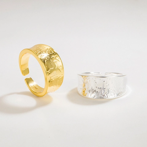 Anillo Abierto de Plata de Ley S925 con Textura Martillada Irregular Vintage Minimalista Banda Ancha Ajustable Regalo de Joyería para Mujer