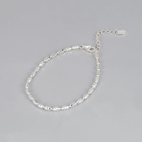 Pulsera de Plata de Ley 925 para Mujer Estilo Francés Granos de Arroz Tallados Dulce Brillante Ajustable Joyería Pulsera