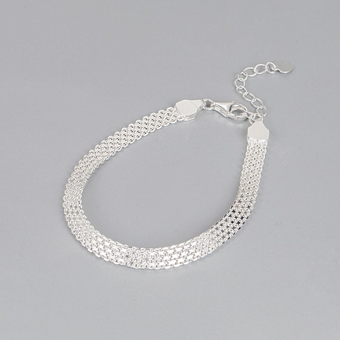 Pulsera Tank de Malla Tejida de Cuatro Filas de Plata de Ley 925 para Mujer Elegante Colgante de Corazón Ajustable Joyería