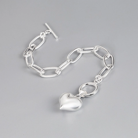 Pulsera con Colgante de Corazón de Plata de Ley 925 para Mujer Estilo Ins Coreano Cadena de Eslabones Gruesos Cierre OT Joyería de Moda