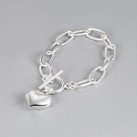 Pulsera con Colgante de Corazón de Plata de Ley 925 para Mujer Estilo Ins Coreano Cadena de Eslabones Gruesos Cierre OT Joyería de Moda
