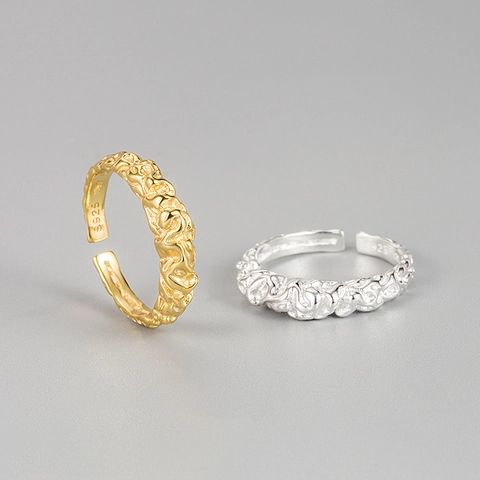 925 Sterling Silver Irregular Foil Texture Open Adjustable Ring Minimalist Molten Lava Geometric Finger Ring For Women