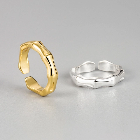 Anillo Abierto de Plata de Ley S925 Vintage con Nudo de Bambú para Mujer Anillo de Dedo índice Dorado Plateado Ajustable Personalizado