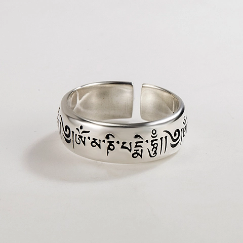 Vintage 925 Sterlingsilber Sechs-Wort-Mantra Offener Ring Für Damen Ethno Buddhistische Schrift Graviert Oxidiert Verstellbarer Fingerring Schmuck