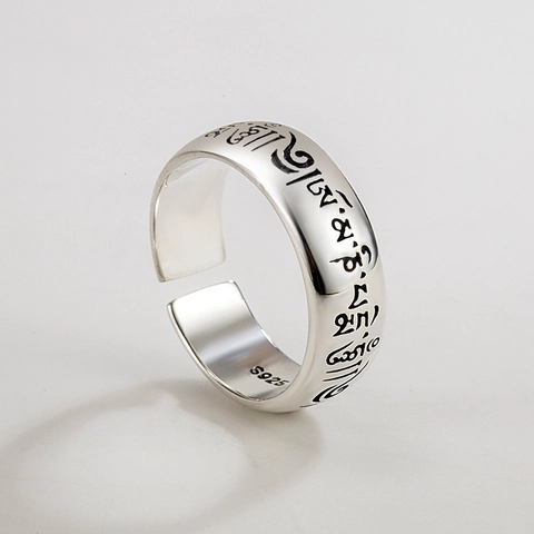 Vintage 925 Sterlingsilber Sechs-Wort-Mantra Offener Ring Für Damen Ethno Buddhistische Schrift Graviert Oxidiert Verstellbarer Fingerring Schmuck