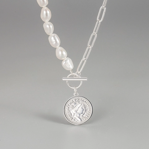 Collar Con Colgante de Moneda de Plata de Ley 925 y Perla de Agua Dulce Para Mujer Collar Cadena Clip Perla Barroca Pesada