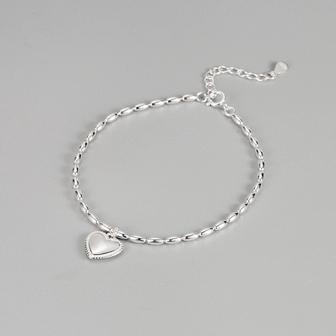 Pulsera con Colgante de Corazón de Plata de Ley S925 para Mujer Cadena de Eslabones Retro Coreana Joyería de Moda Regalo Diario
