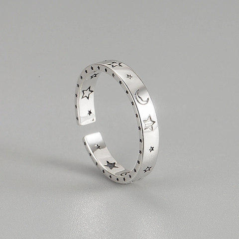 Anillo Abierto de Plata de Ley 925 Vintage Estrella Luna Minimalista Oxidado Ajustable Anillo de Dedo Para Mujer Hombre Joyería