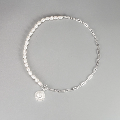 Collar Con Colgante de Moneda de Plata de Ley 925 y Perla de Agua Dulce Para Mujer Collar Cadena Clip Perla Barroca Pesada