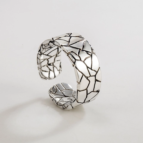 Anillo Ancho de Plata de Ley 925 Vintage para Hombre Mujer Acabado Antiguo Textura de Grieta Geométrica Anillo Abierto Ajustable Joyería Hip Hop