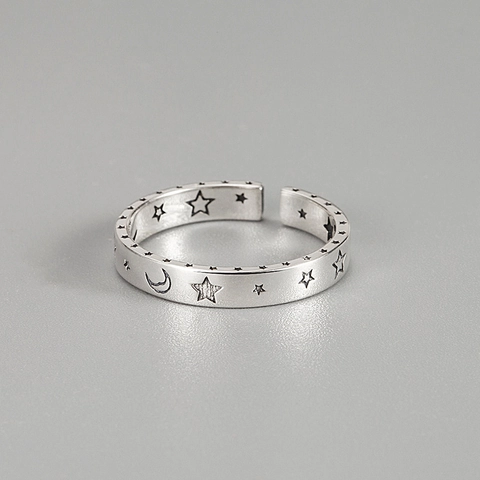 Anillo Abierto de Plata de Ley 925 Vintage Estrella Luna Minimalista Oxidado Ajustable Anillo de Dedo Para Mujer Hombre Joyería