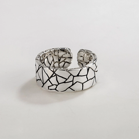 Anillo Ancho de Plata de Ley 925 Vintage para Hombre Mujer Acabado Antiguo Textura de Grieta Geométrica Anillo Abierto Ajustable Joyería Hip Hop