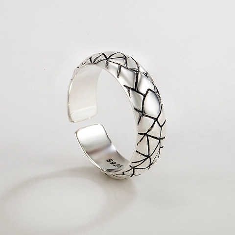S925 Argento Sterling Vintage Anello Aperto Regolabile Motivo Geometrico in Pietra Anello Minimalista per Uomo Donna