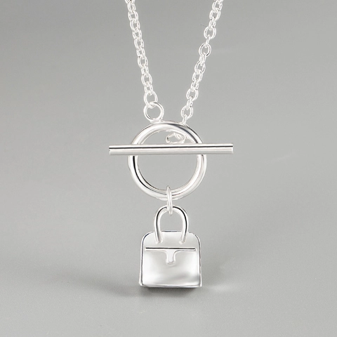 Collar de Plata de Ley 925 para Mujer Colgante de Micro Bolso Cierre de Palanca Hebilla OT Estilo INS Joyería Minimalista