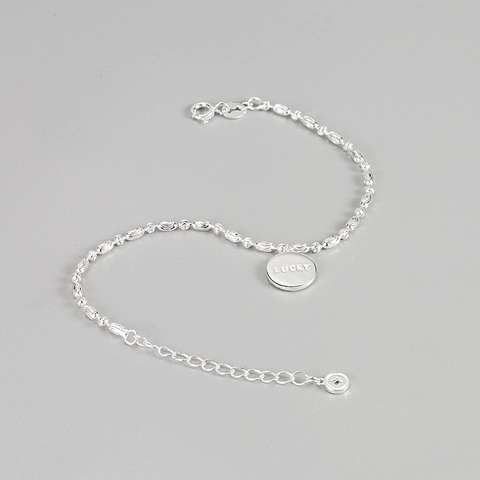 Bracciale a Perline in Argento Sterling S925 per Donna Pendente Rotondo con Lettera Lucky Minimalista Elegante Gioielli alla Moda Regalo