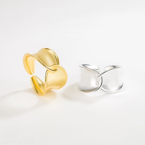 Anillo Abierto Cruzado Irregular de Plata de Ley 925 para Mujer Minimalista Bañado en Oro 18K Geométrico Ajustable Joyería