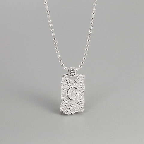 Collar con Colgante de Letra G de Plata de Ley S925 para Mujer Textura Arrugada Vintage Etiqueta Rectangular Cadena de Bolas Joyería
