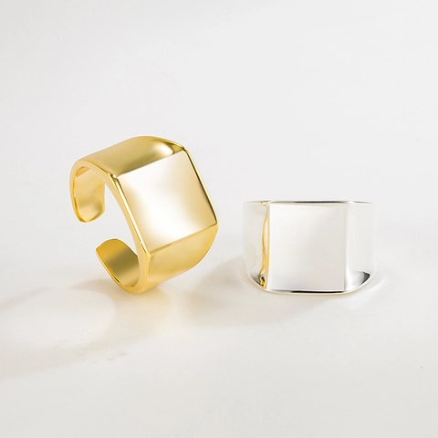 925 Sterling Silver Square Open Ring For Women Minimalist Personalized Geometric Adjustable Wide Punk Party Finger Ring Fashion Jewelry