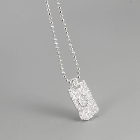 Collar con Colgante de Letra G de Plata de Ley S925 para Mujer Textura Arrugada Vintage Etiqueta Rectangular Cadena de Bolas Joyería