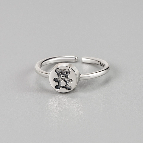 Anillo Abierto de Oso de Plata de Ley 925 Vintage para Mujer Retro Envejecido Patrón Animal Ajustable Estilo Coreano