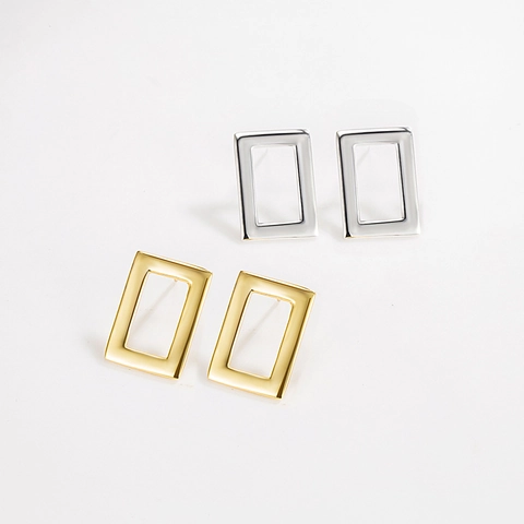 Pendientes de Botón Rectangulares Huecos de Plata de Ley 925 para Mujer Joyería Galvanizada Geométrica Minimalista Francesa