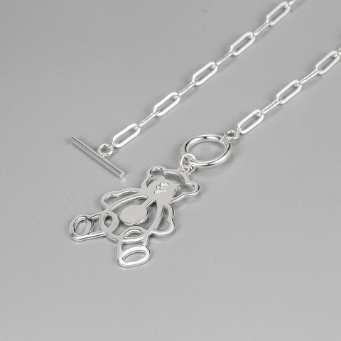 925 Sterling Zilveren Beer Hanger Ketting Voor Vrouwen Koreaanse Stijl Holle Paperclip Ketting Lange Ketting Met Kapittelsluiting