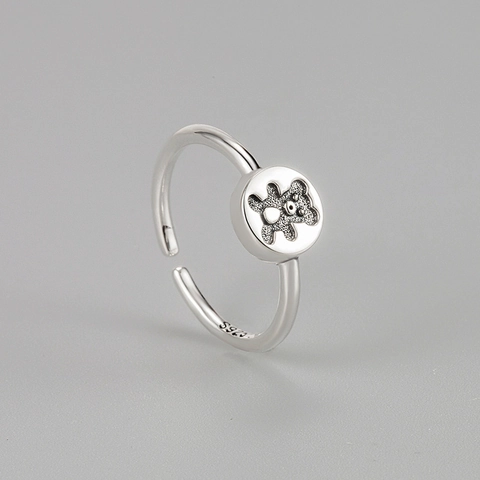 Anillo Abierto de Oso de Plata de Ley 925 Vintage para Mujer Retro Envejecido Patrón Animal Ajustable Estilo Coreano
