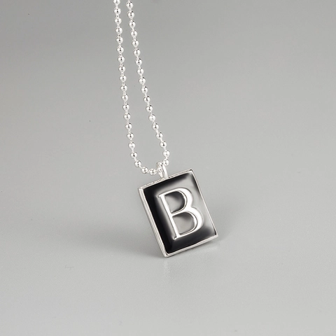 S925 Sterling Silver Square Pendant Necklace Black Enamel Initial B Letter For Women Minimalist Ball Chain Fashion Jewelry