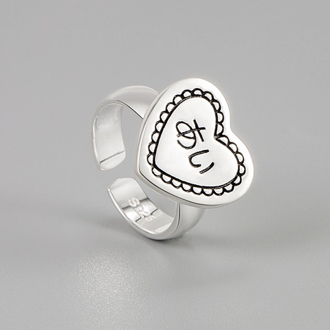 Anello Aperto a Cuore in Argento Sterling 925 per Donna Testo Giapponese Ai Lettera Minimalista Regolabile Gioielli di Moda
