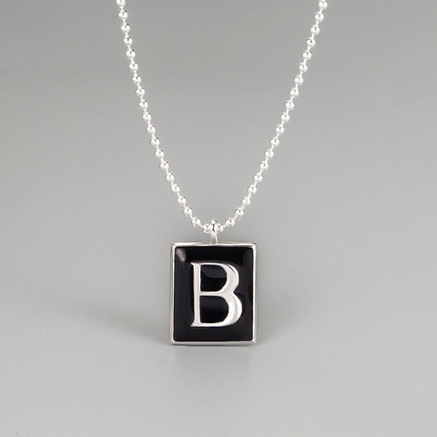 S925 Sterling Silver Square Pendant Necklace Black Enamel Initial B Letter For Women Minimalist Ball Chain Fashion Jewelry