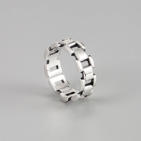 Anillo de Cadena de Plata de Ley 925 Vintage Estilo Industrial Eslabón Geométrico Ajustable Abierto Retro Moda Joyería para Mujer