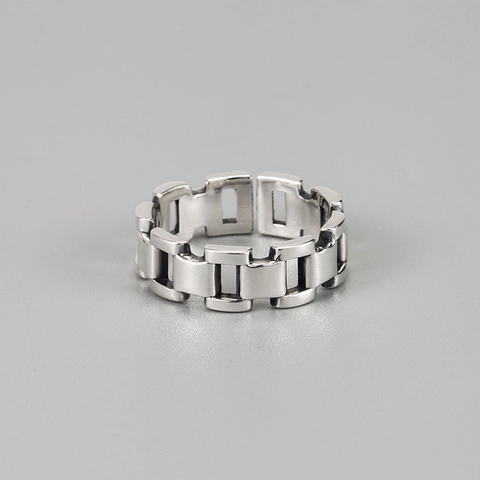Anillo de Cadena de Plata de Ley 925 Vintage Estilo Industrial Eslabón Geométrico Ajustable Abierto Retro Moda Joyería para Mujer