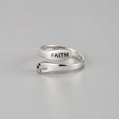 925 Sterling Silver Faith Letter Cross Open Ring Vintage Distressed Minimalist Adjustable Finger Ring For Women Religious Jewelry Gift