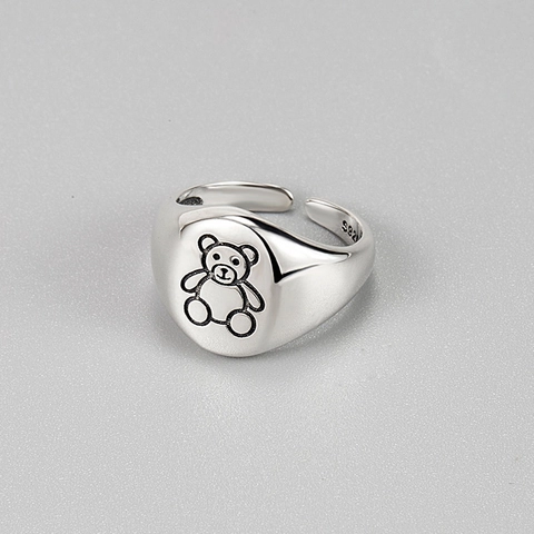 S925 Sterling Silver Vintage Cartoon Bear Open Ring For Women Adjustable Minimalist Teddy Bear Finger Ring Jewelry Gift