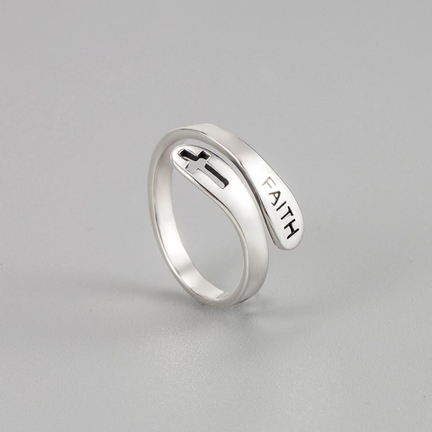 925 Sterling Silver Faith Letter Cross Open Ring Vintage Distressed Minimalist Adjustable Finger Ring For Women Religious Jewelry Gift